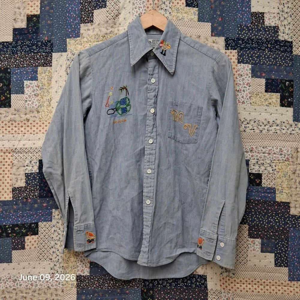 Vintage Kmart Sanforized Chambray Folk Embroidered Shirt Size 16 / Medium OOAK